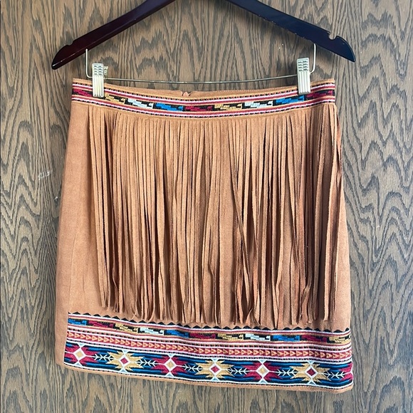 Fringed Tan Savanna Jane Skirt with Multicolor Trim - Picture 1 of 4